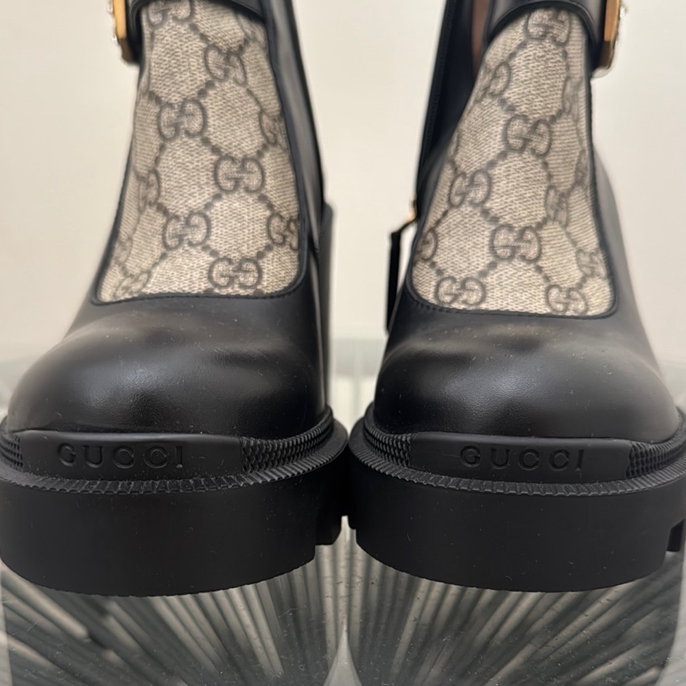 NEW AUTH Gucci Monogram Heeled Boots with Gold Buckles 37.5 - Picture 7 of 12